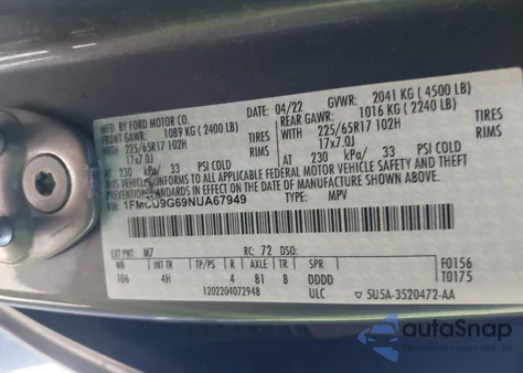 2022 Ford Escape Se z USA, uszkodzony, nr VIN 1FMCU9G69NUA67949